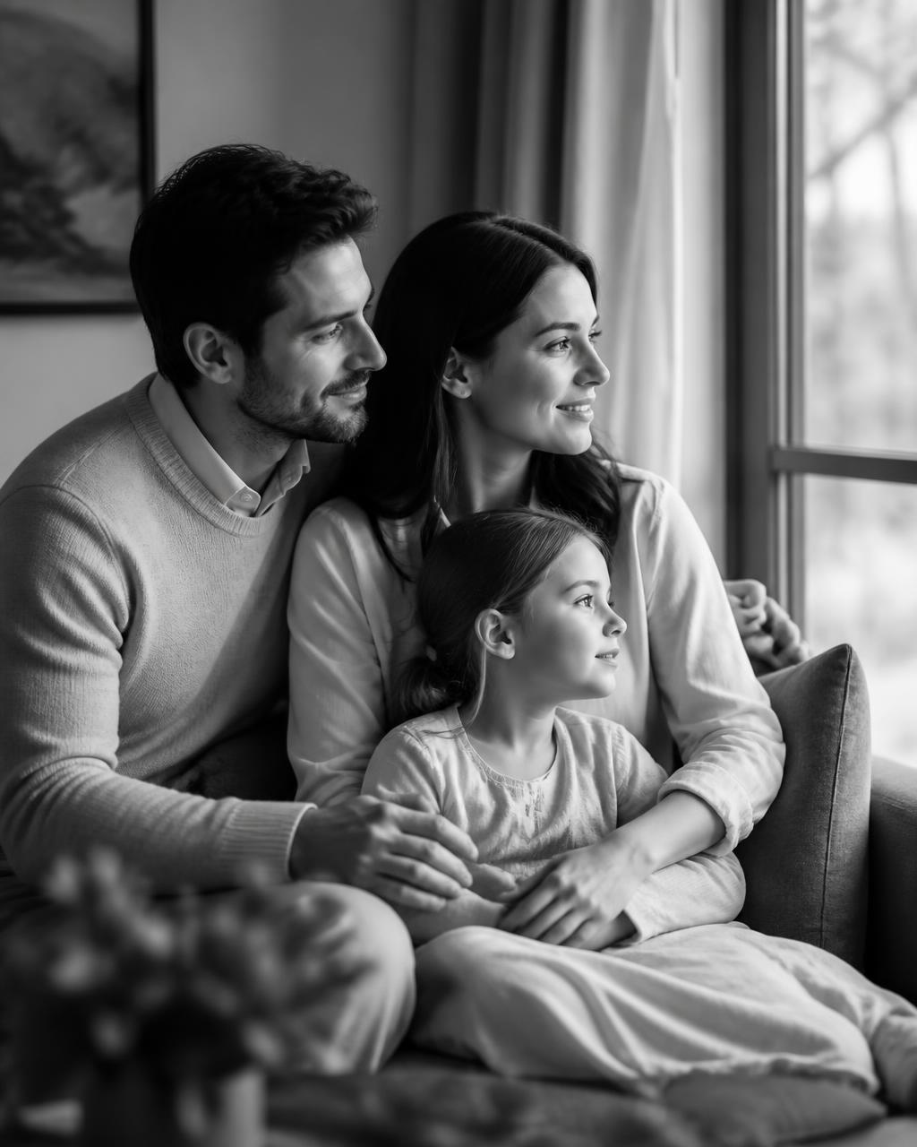 Familia junto a una ventana, protegida por un seguro internacional